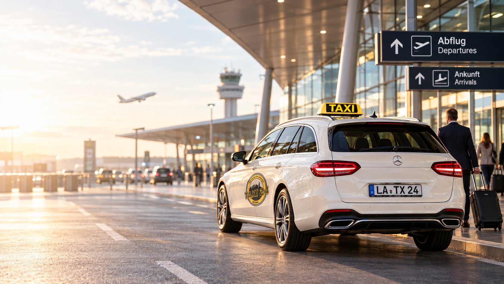 Taxi am Flughafenterminal in Heckansicht