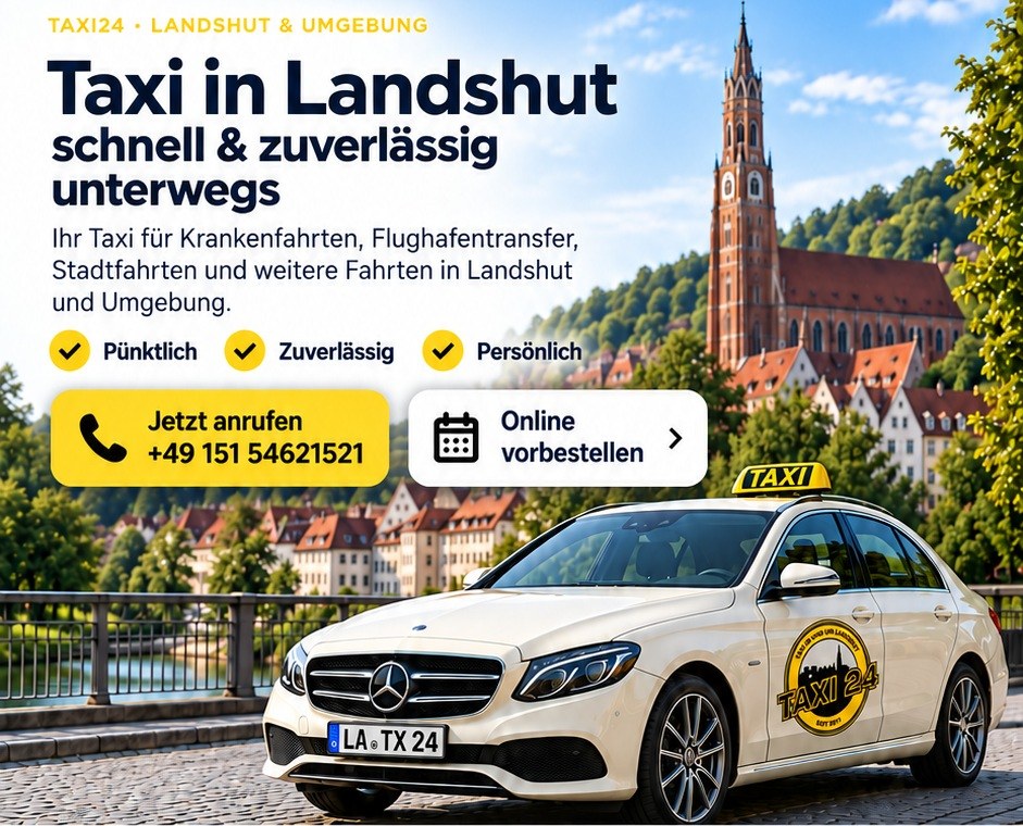 Taxi24 Landshut vor der Landshuter Stadtkulisse mit Taxi24-Logo auf der Fahrzeugtür